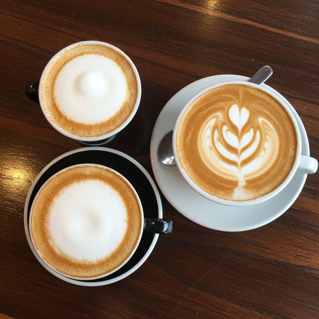 Overhead view of a traditional cappuccino and latte side by side showing size difference and foam characteristics — cappuccino in small cup with thick domed foam, latte in larger cup with smooth surface, café table setting