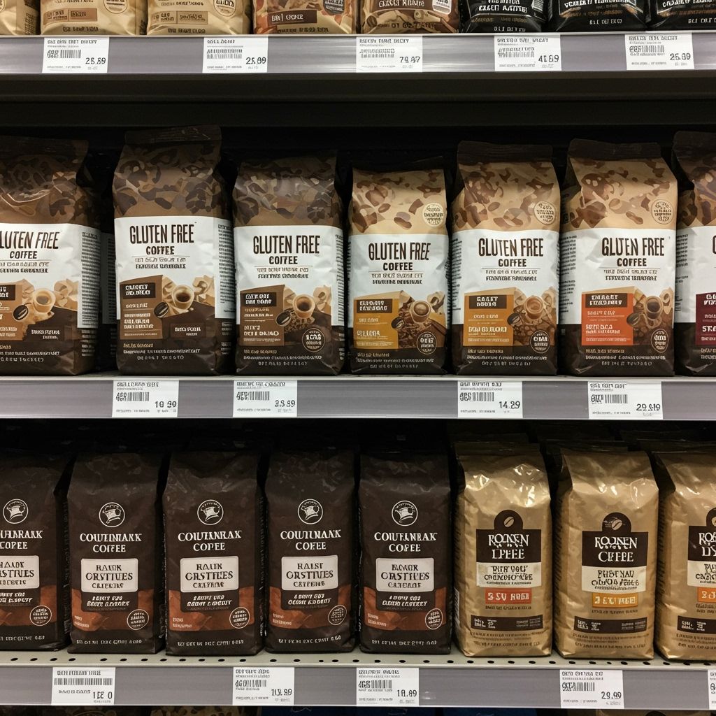 Coffee packaging display showing various coffee bags with prominent "gluten-free" certification labels and symbols — retail shelf setting, clear labeling focus, consumer safety emphasis