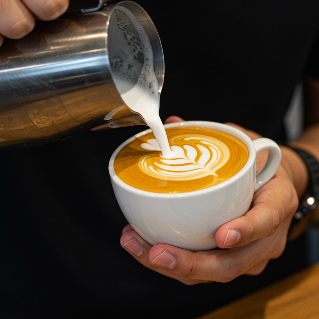 Barista hands pouring steamed milk creating beautiful latte art rosetta pattern in a white ceramic cup with perfect contrast against dark espresso — artistic coffee shop moment, skilled pouring technique, professional presentation