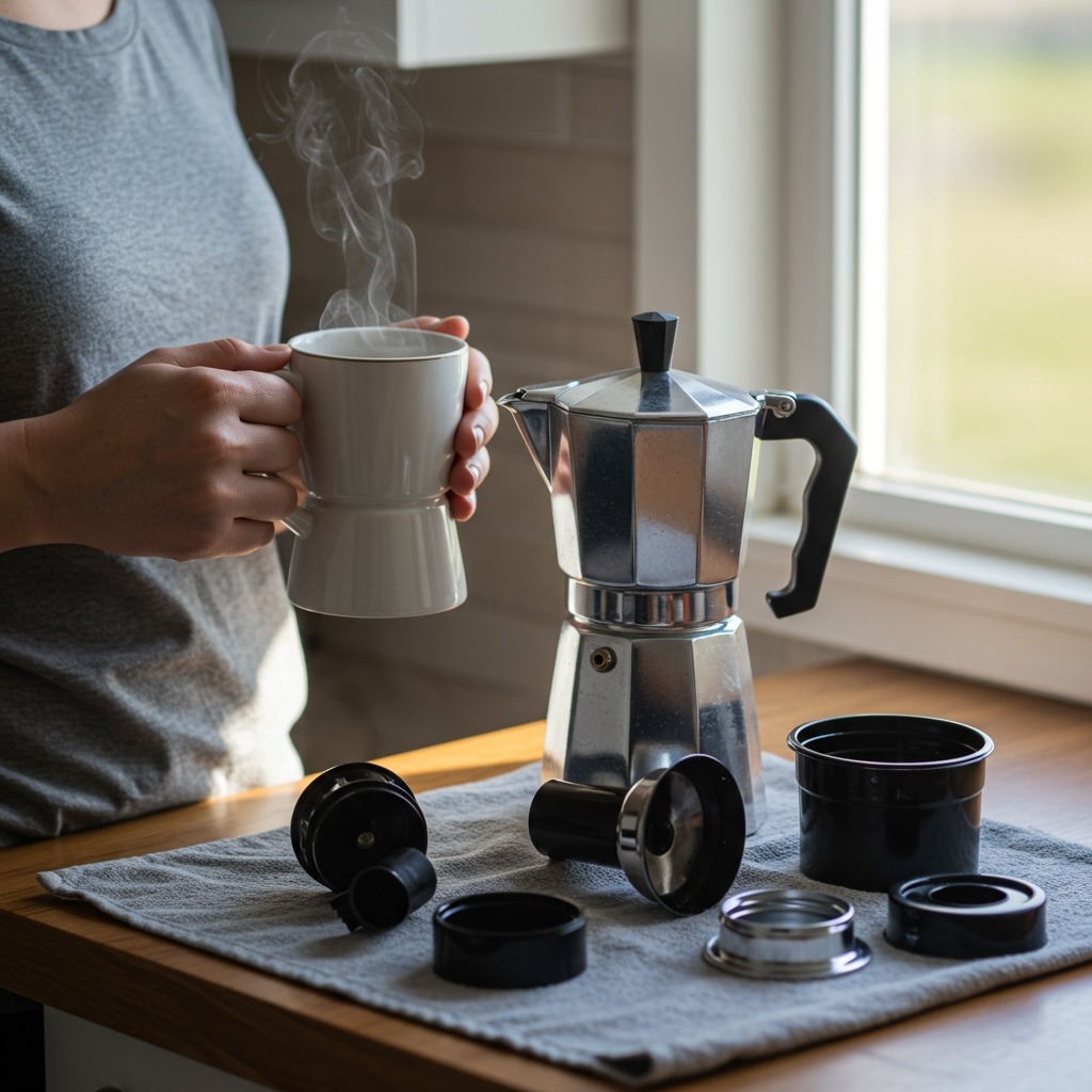 A satisfied person holding a steaming cup of fresh coffee next to a sparkling clean coffee maker with all removable parts laid out clean and dry on a kitchen towel, morning sunlight streaming through a window creating a fresh, clean atmosphere