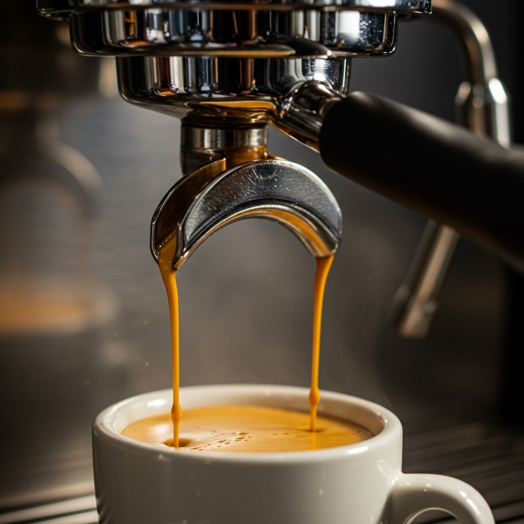 Close-up of a perfect espresso shot being extracted from an espresso machine, showing the golden crema forming on top with rich, dark coffee flowing into a small cup - professional cafe lighting, steam visible, detailed texture of crema