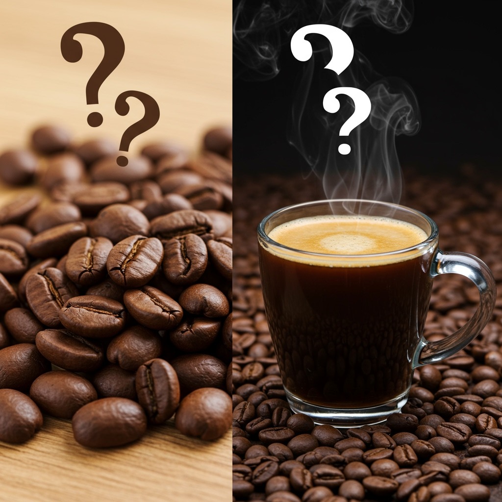 A split-screen comparison showing a handful of whole roasted coffee beans on the left and a steaming cup of brewed coffee on the right, with question marks floating above both to represent the choice between eating versus drinking coffee