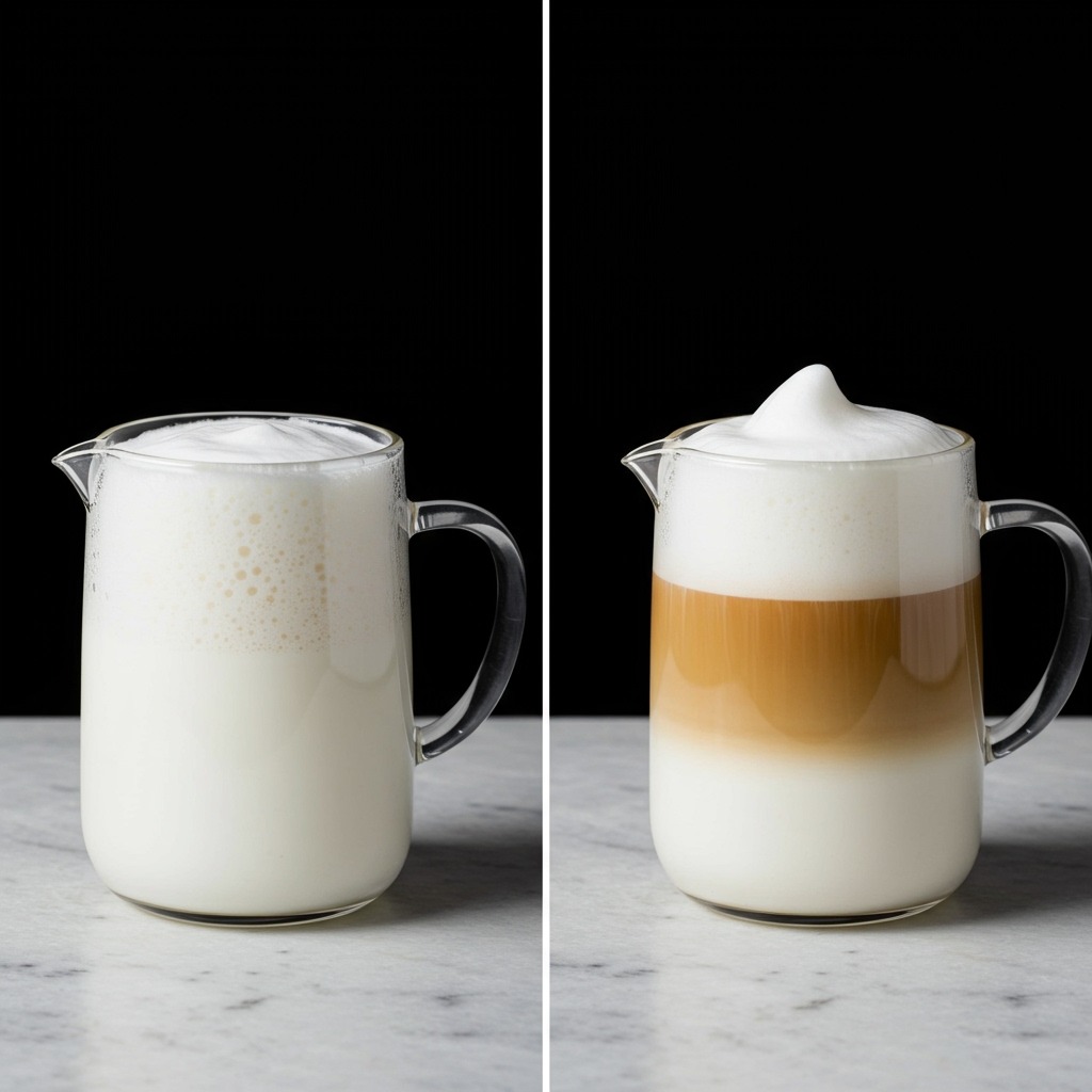 Side-by-side comparison showing two milk textures - one showing velvety microfoam (flat white style) and one showing thicker foam (latte style) in glass pitchers, demonstrating the visual difference in milk preparation techniques - clean, instructional lighting