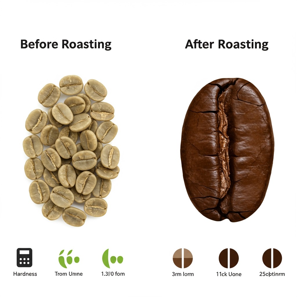 A side-by-side visual showing raw green coffee beans (small, hard, and green) next to dark roasted coffee beans (larger, darker, cracked surface), with labels indicating "Before Roasting" and "After Roasting" and small icons showing hardness levels
