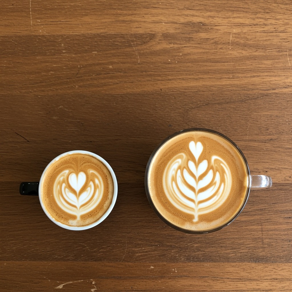 Overhead view of a flat white and latte side by side on a wooden cafe table, showing size difference and foam layer distinction - flat white in smaller ceramic cup with minimal foam, latte in larger glass with thicker foam layer - natural cafe lighting, aesthetic presentation