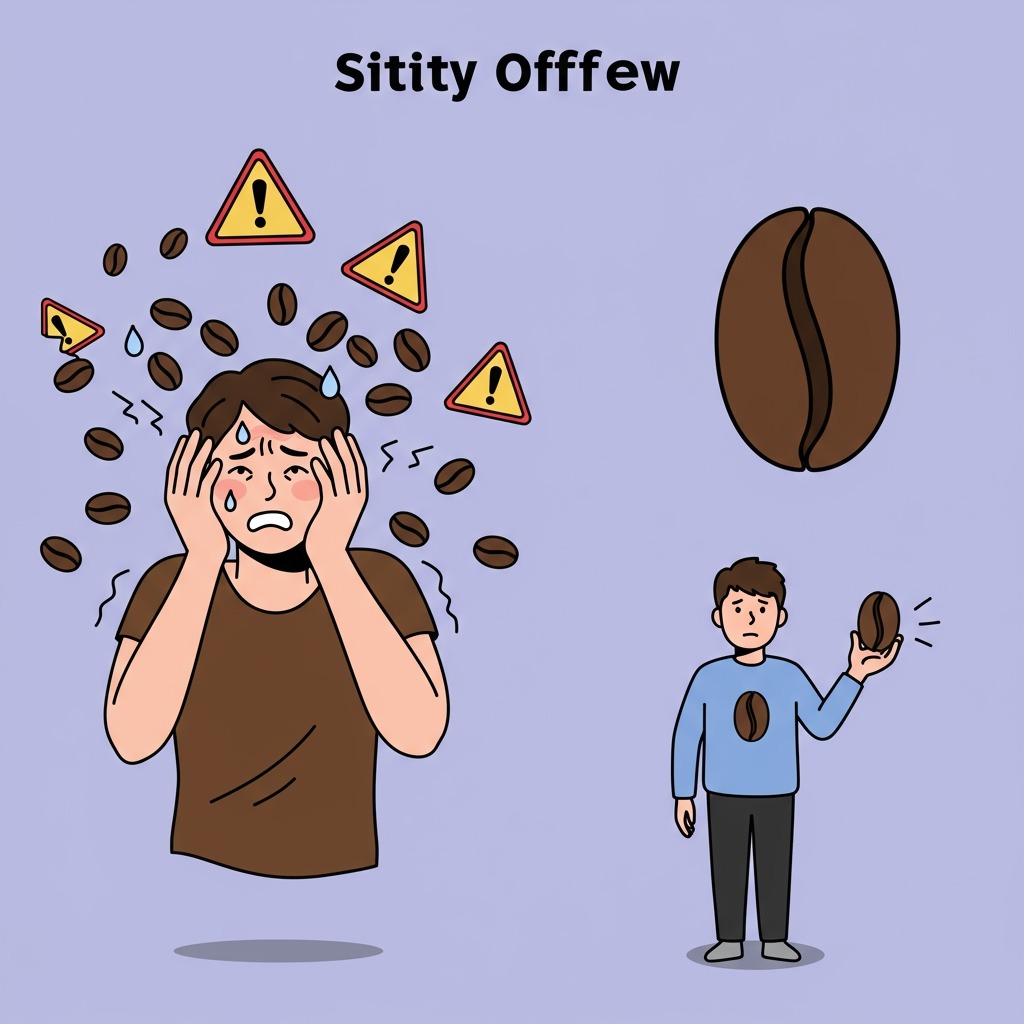A person looking jittery and overwhelmed with visual effects showing rapid heartbeat, sweating, and anxiety symptoms, surrounded by scattered coffee beans with warning signs, contrasted with a calm person holding a single coffee bean