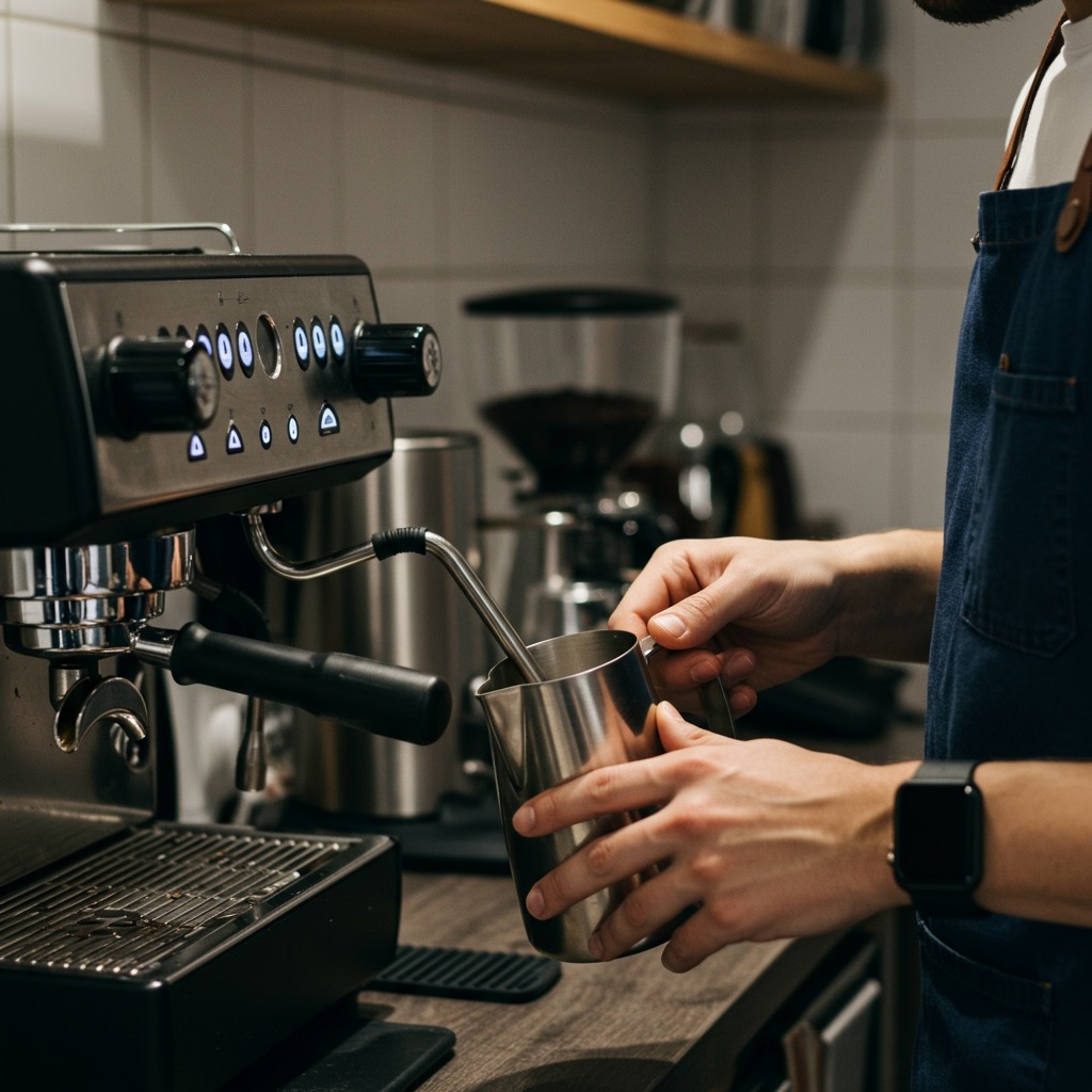 Home barista using espresso machine to steam milk, focused on proper technique with steam wand positioned in milk pitcher, kitchen setting with coffee equipment visible in background - warm, encouraging atmosphere, instructional perspective