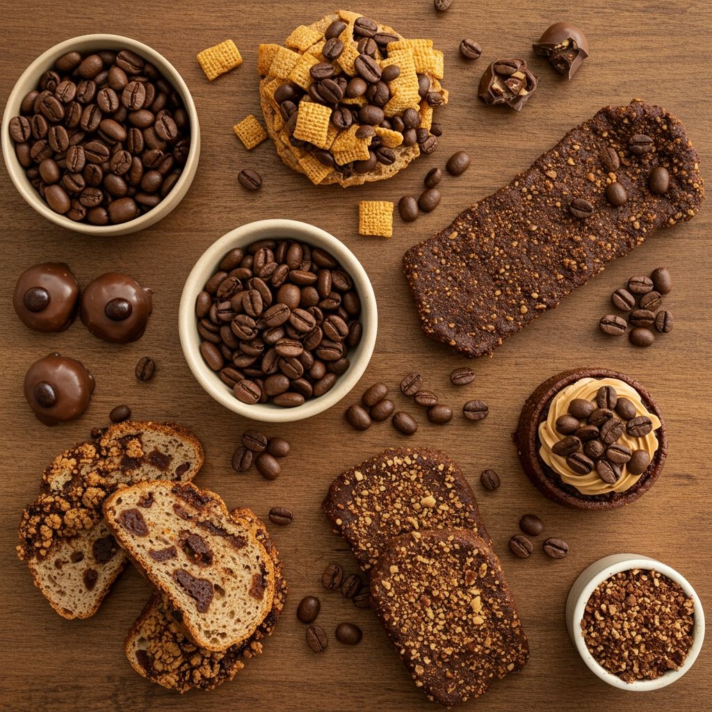 An attractive flat-lay arrangement showing various creative coffee bean preparations: chocolate-covered coffee beans in a small bowl, trail mix with visible coffee beans, coffee-rubbed meat, coffee bean-topped desserts, and crushed beans as garnish, all artfully arranged on a wooden surface