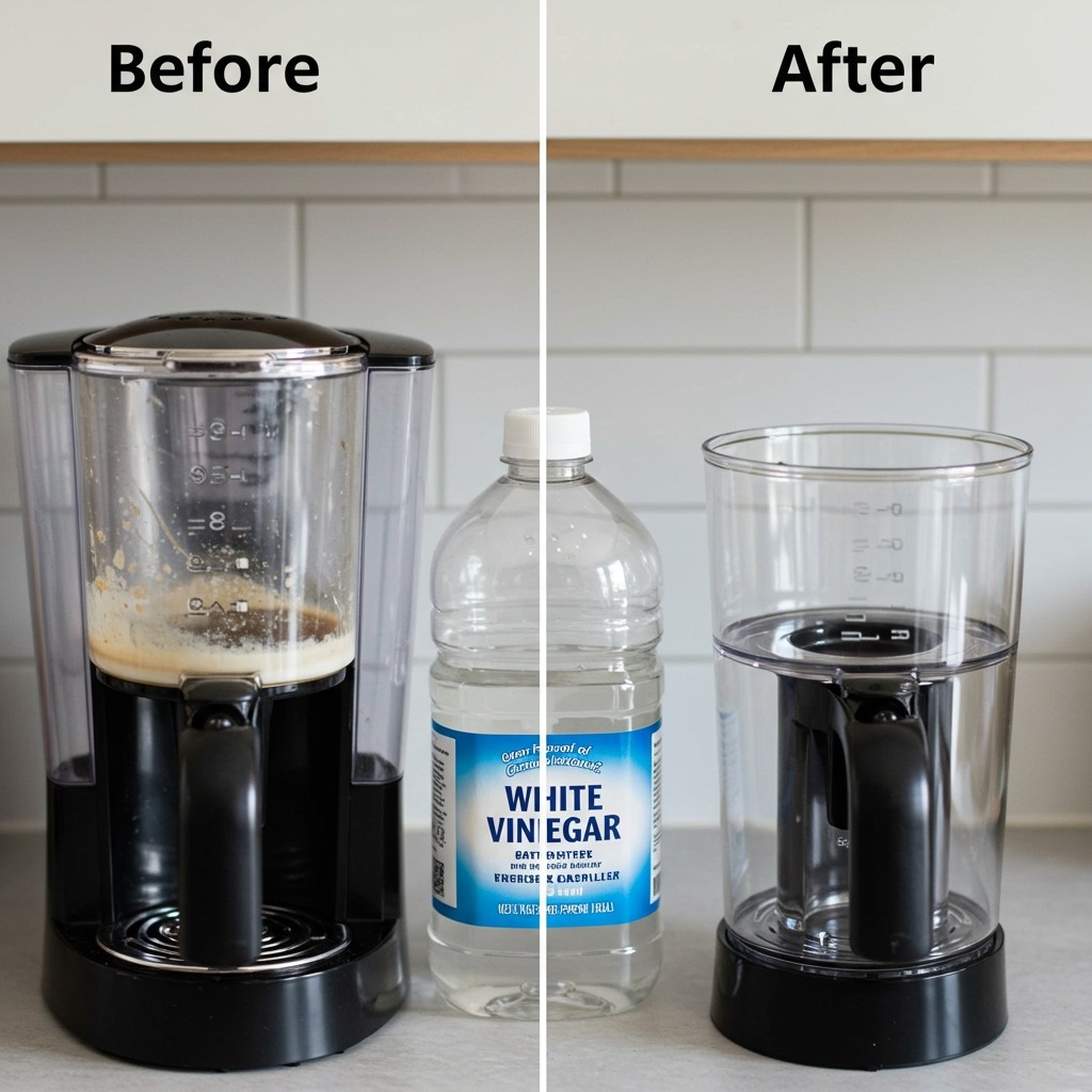 A before and after comparison of a coffee maker water reservoir showing chalky white mineral buildup on the left side and sparkling clean clear plastic on the right, with a bottle of white vinegar prominently displayed between them on a clean kitchen counter