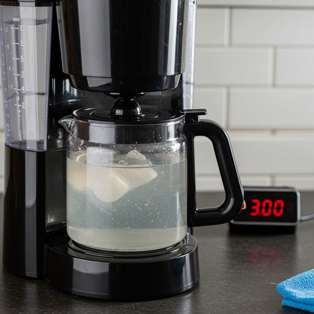 A coffee maker in mid-cleaning cycle with steam rising from the carafe containing the vinegar-water solution, a timer showing 30 minutes visible on the counter, emphasizing the important soaking phase of the cleaning process