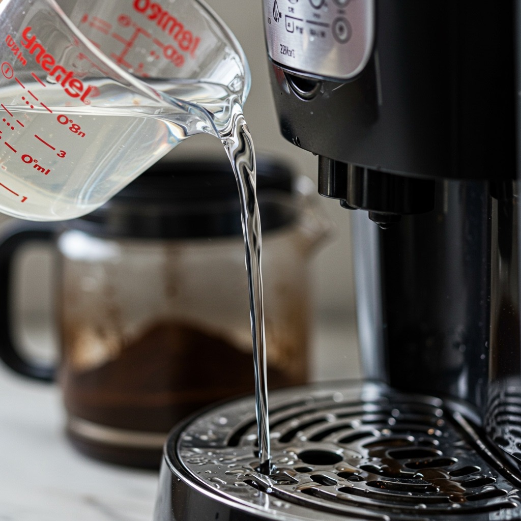 A close-up shot of white distilled vinegar being poured from a measuring cup into a coffee maker's water reservoir, with coffee grounds and a dirty carafe visible in the background, bright kitchen lighting highlighting the cleaning process