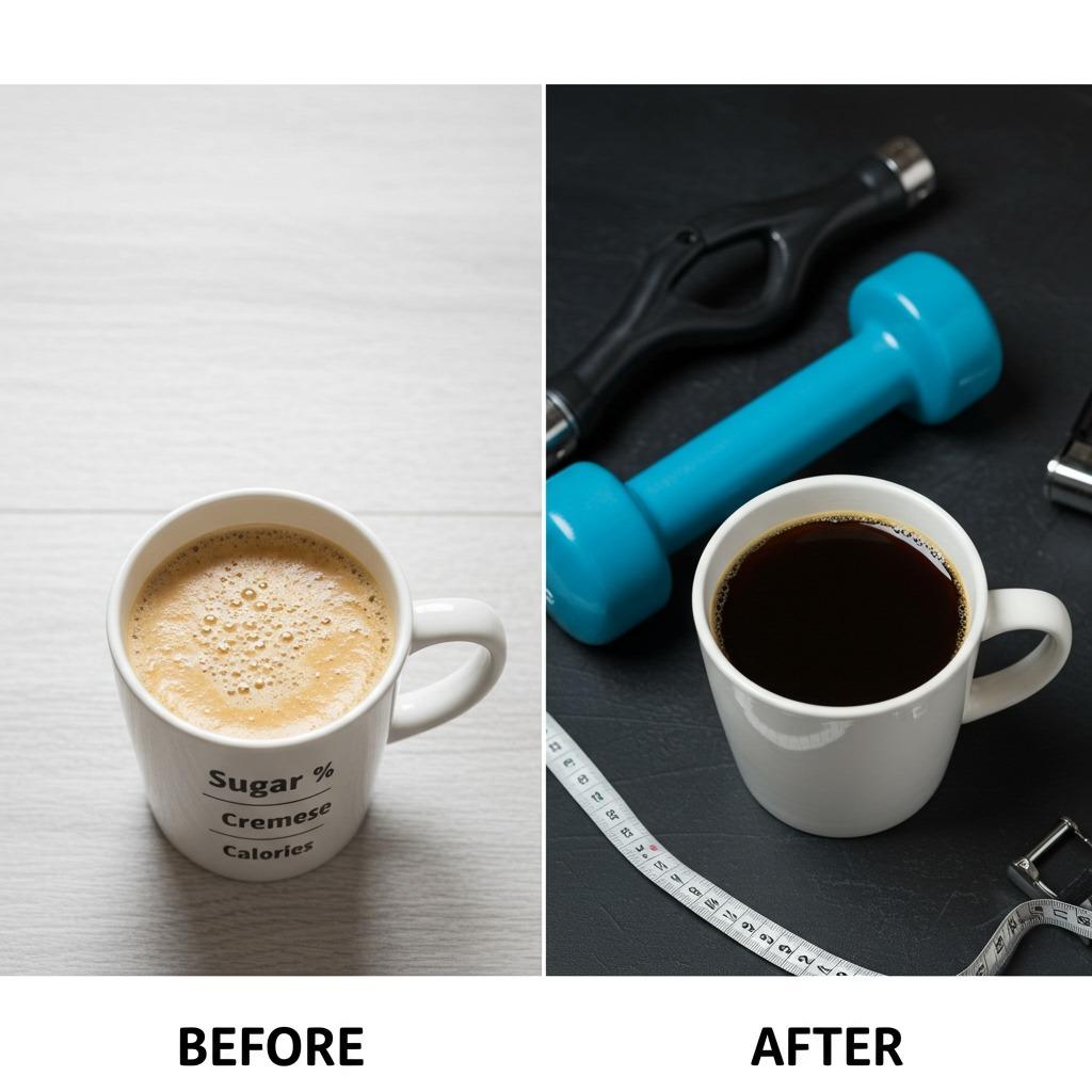 A before and after comparison showing a coffee mug with sugary creamer on the left labeled with calories, and plain black coffee on the right with workout equipment, emphasizing the weight loss transformation concept