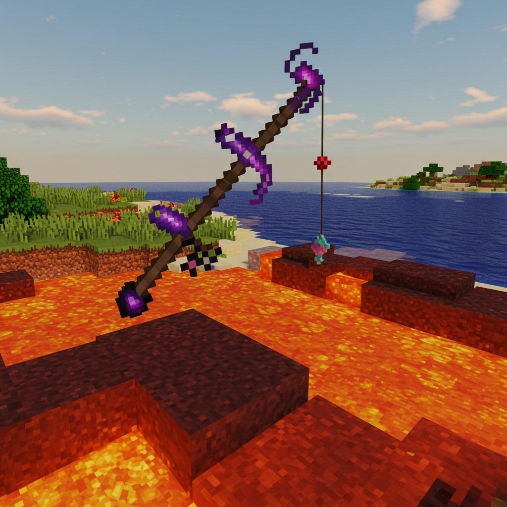 A dark, ominous Minecraft fishing rod with purple curse enchantment particles floating above a dangerous lava lake, contrasted with a bright, safe fishing spot in the background