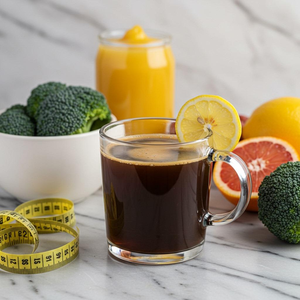 A glass mug of black coffee with a fresh lemon slice on the rim sitting on a white marble countertop, measuring tape and healthy breakfast ingredients arranged nearby, natural morning lighting
