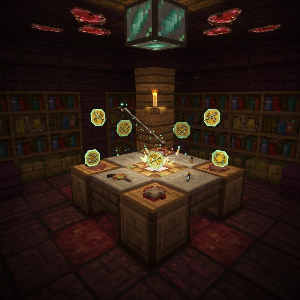 A Minecraft enchanting room with bookshelves surrounding an enchanting table, showing a fishing rod being enchanted with glowing particles and experience orbs floating around