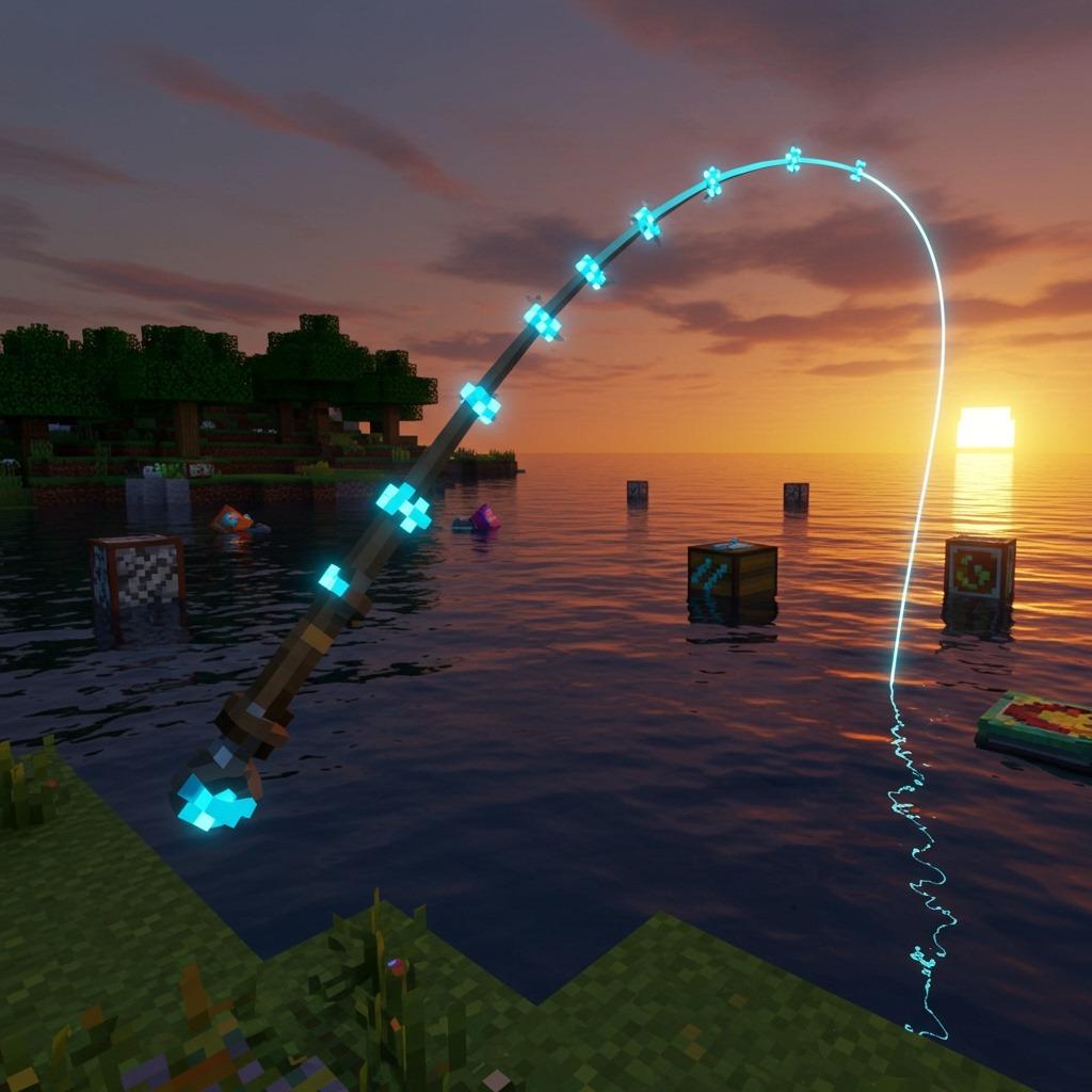 A Minecraft fishing rod glowing with blue enchantment particles while casting over a lake at sunset, with treasure chests and enchanted books floating in the water nearby