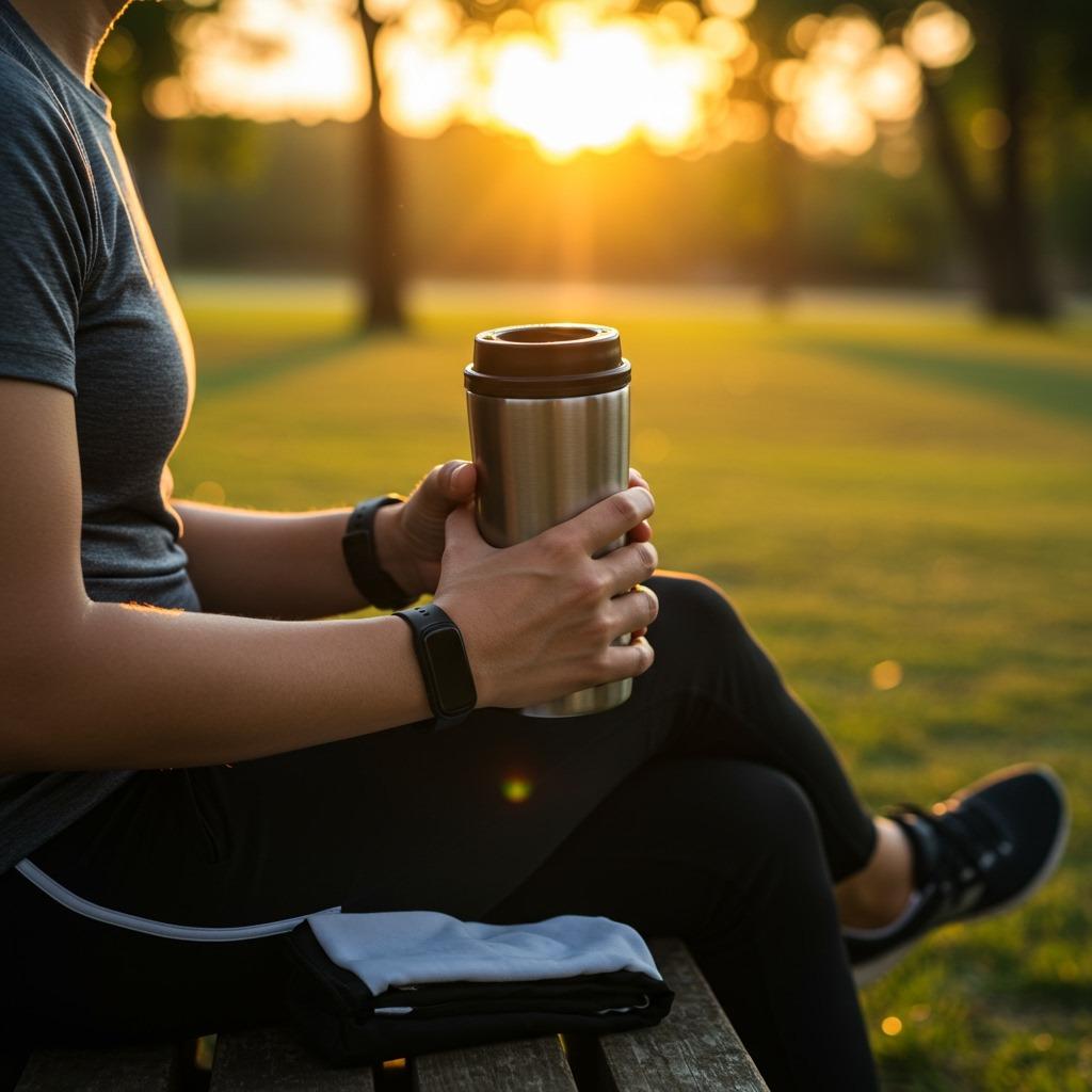 A person in athletic wear drinking black coffee from a thermos bottle while sitting on a park bench after a morning jog, fitness tracker on wrist, sunrise in the background creating a healthy lifestyle scene