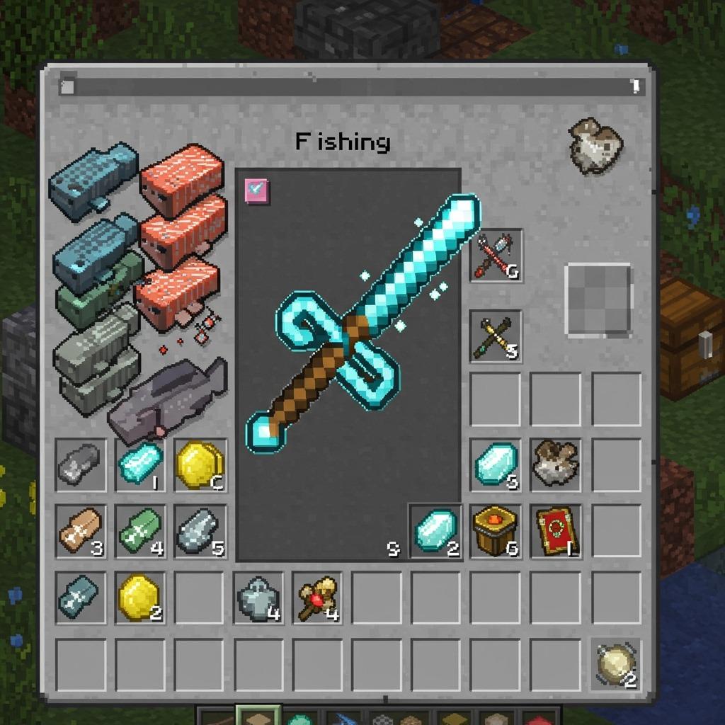 A pristine Minecraft fishing rod with sparkly enchantment effects sitting in a player's inventory, surrounded by stacks of caught fish and treasure items