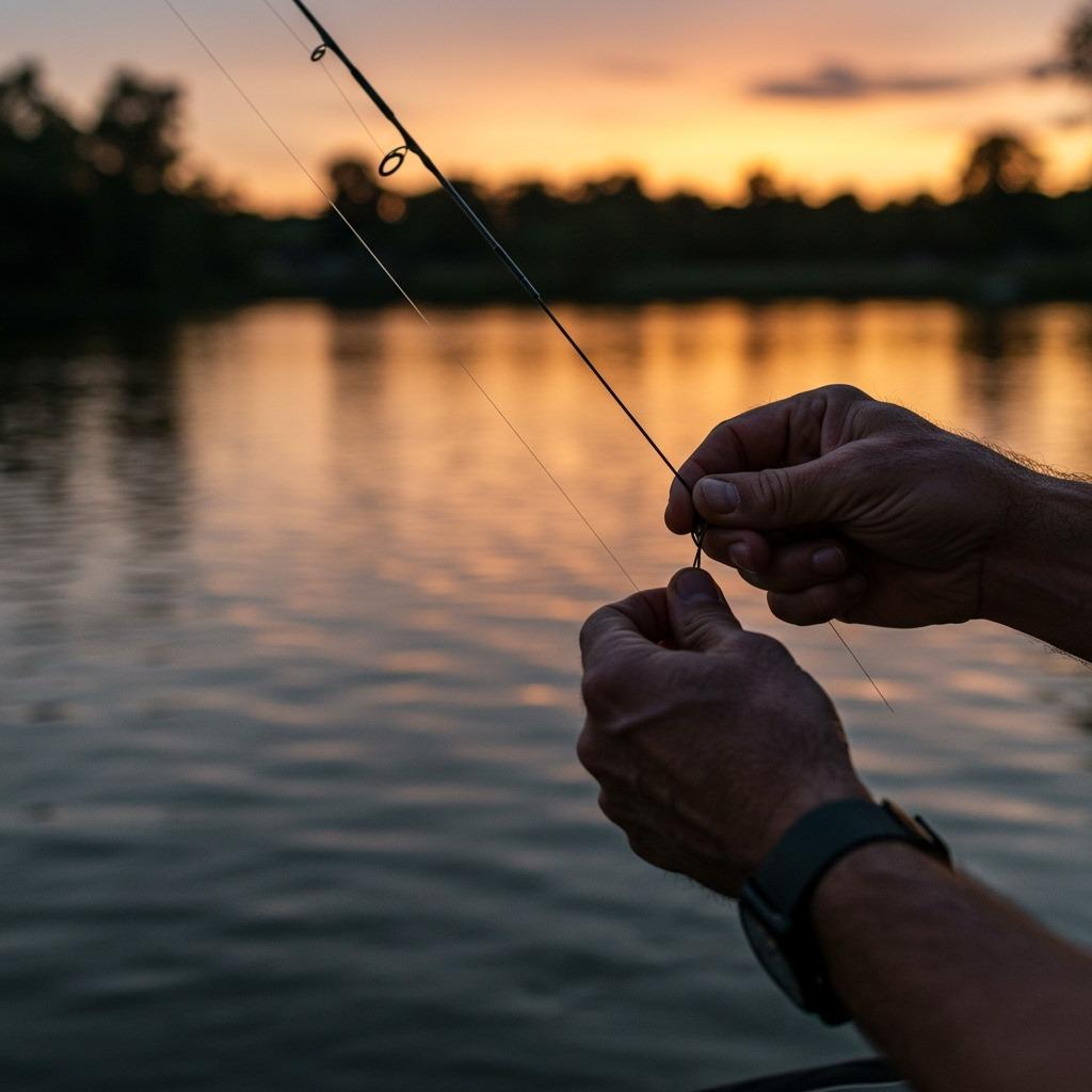 Angler tying a Surgeon's knot in low light conditions beside a lake at dusk - atmospheric lighting, focused on hands working with fishing line