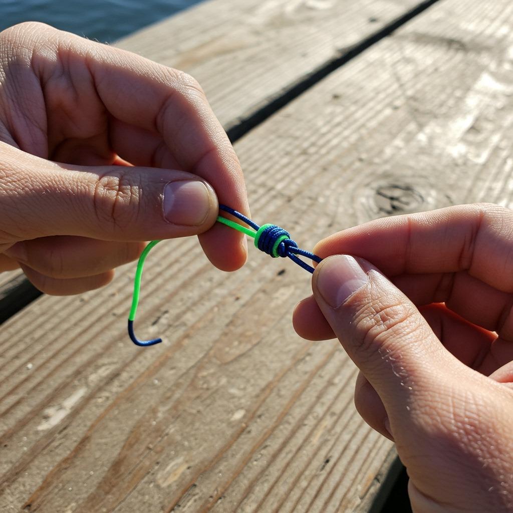 Close-up of hands tying a fishing knot with two different colored fishing lines on a wooden dock surface - natural lighting, detailed finger positioning visible