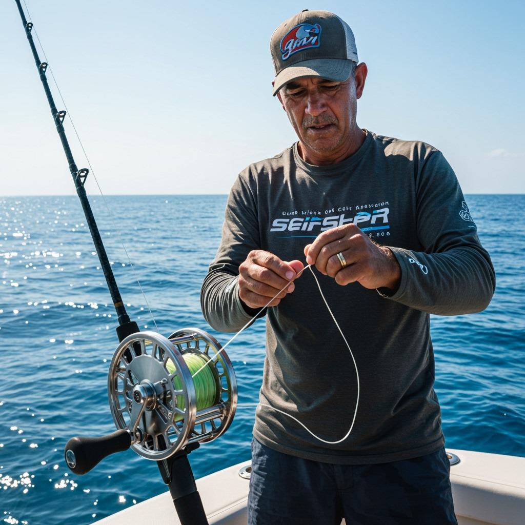 Professional angler on a boat checking and retying a line connection with large fishing reel visible - bright marine lighting, ocean background