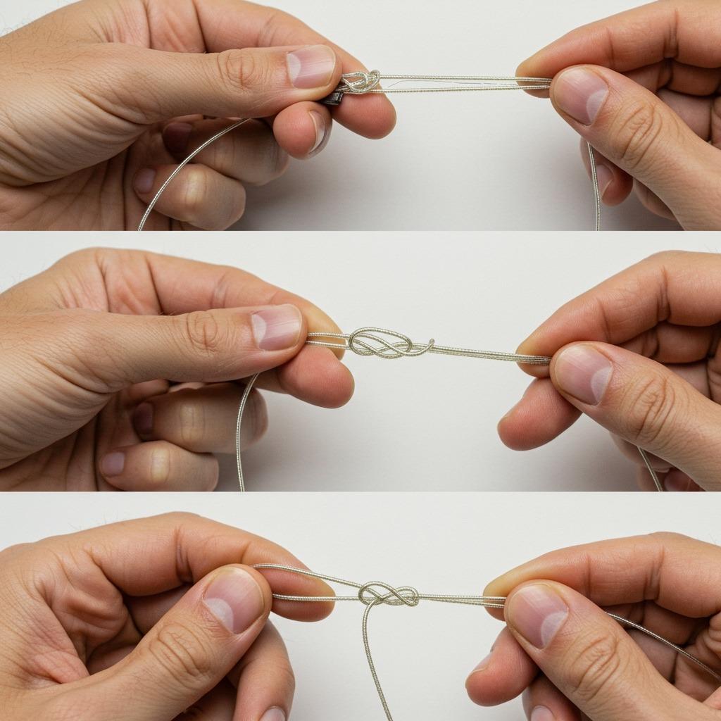 Step-by-step sequence showing the Double Uni knot being tied with fluorocarbon and braided line - clear, instructional lighting, hands visible throughout the process