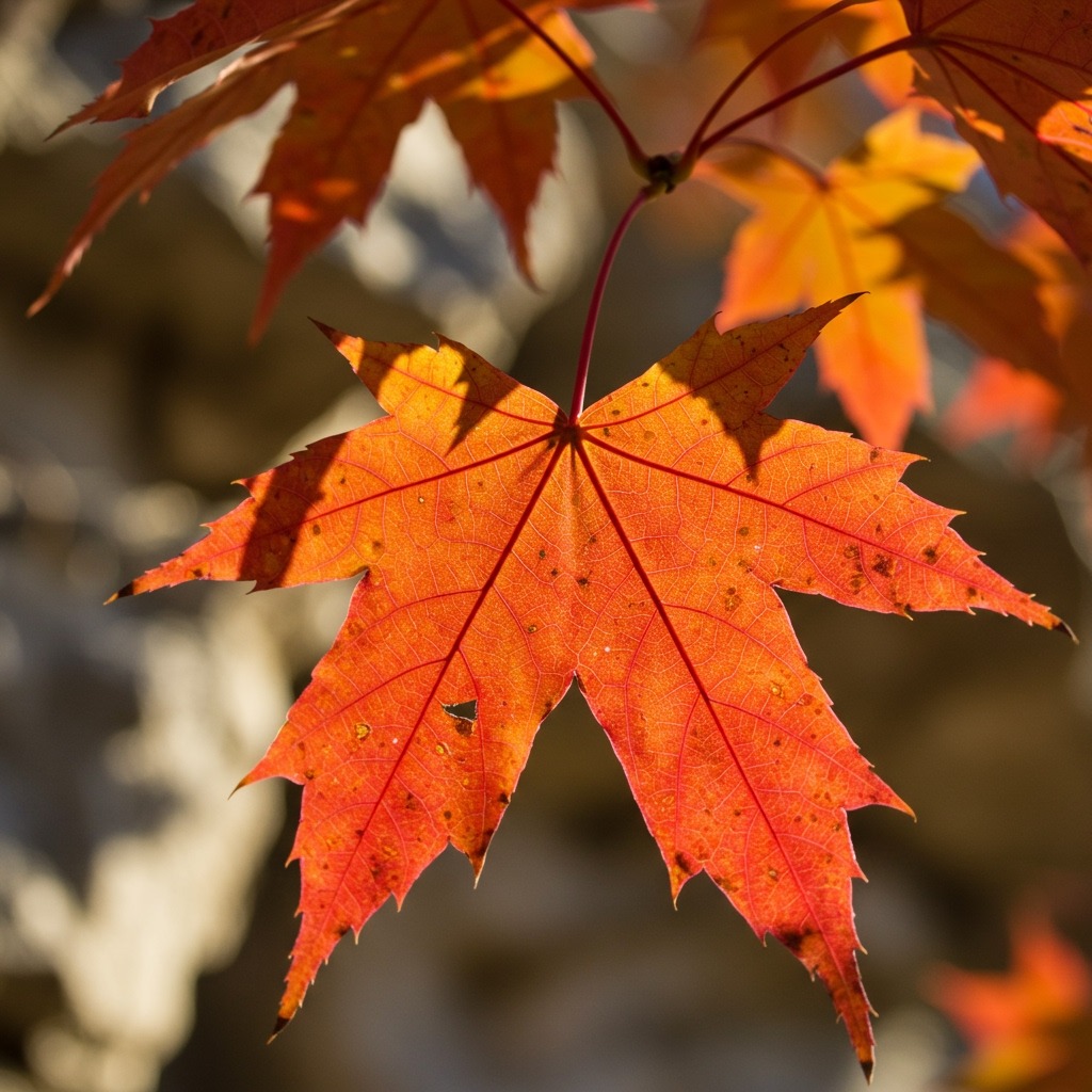 Close-up, macro-level fall foliage of Uvalde bigtooth maple leaves at Lost Maples SNA, serrated lobes of Acer grandidentatum in saturated reds, oranges, and golds, shallow depth of field, limestone bluff bokeh, soft backlight revealing leaf venation, Texas Hill Country context.
