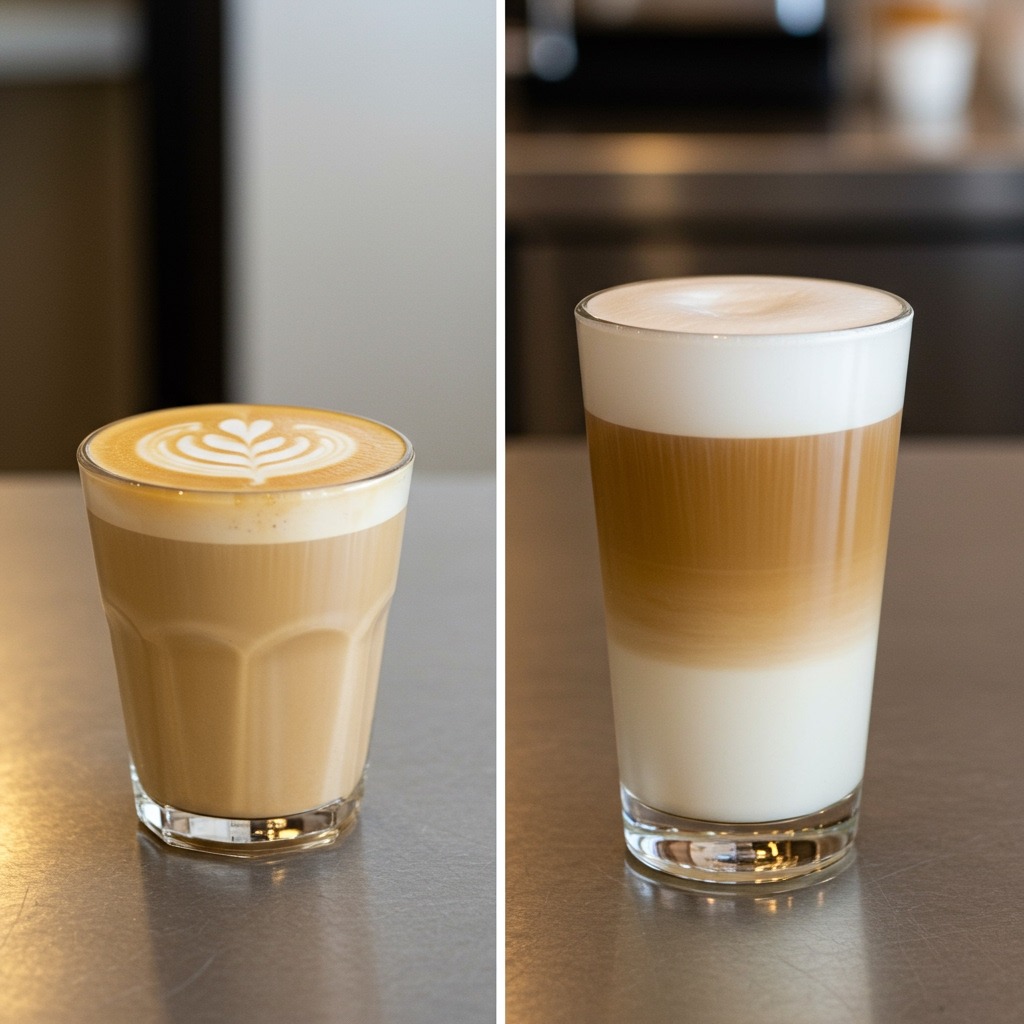 Side-by-side photorealistic comparison on a clean cafe counter: Left glass cup of café latte (shorter ceramic or glass, uniform tan color, thin microfoam on top with simple latte art), Right tall glass latte macchiato (clearly separated milk base, distinct espresso band, airy foam cap); identical lighting and angle for clarity.