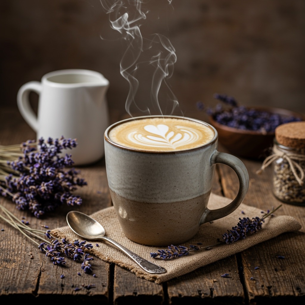 A steaming lavender oatmilk latte in a ceramic mug on a rustic wooden table, surrounded by sprigs of dried lavender, a small milk frothing pitcher, and a warm, cozy morning atmosphere with soft natural light.