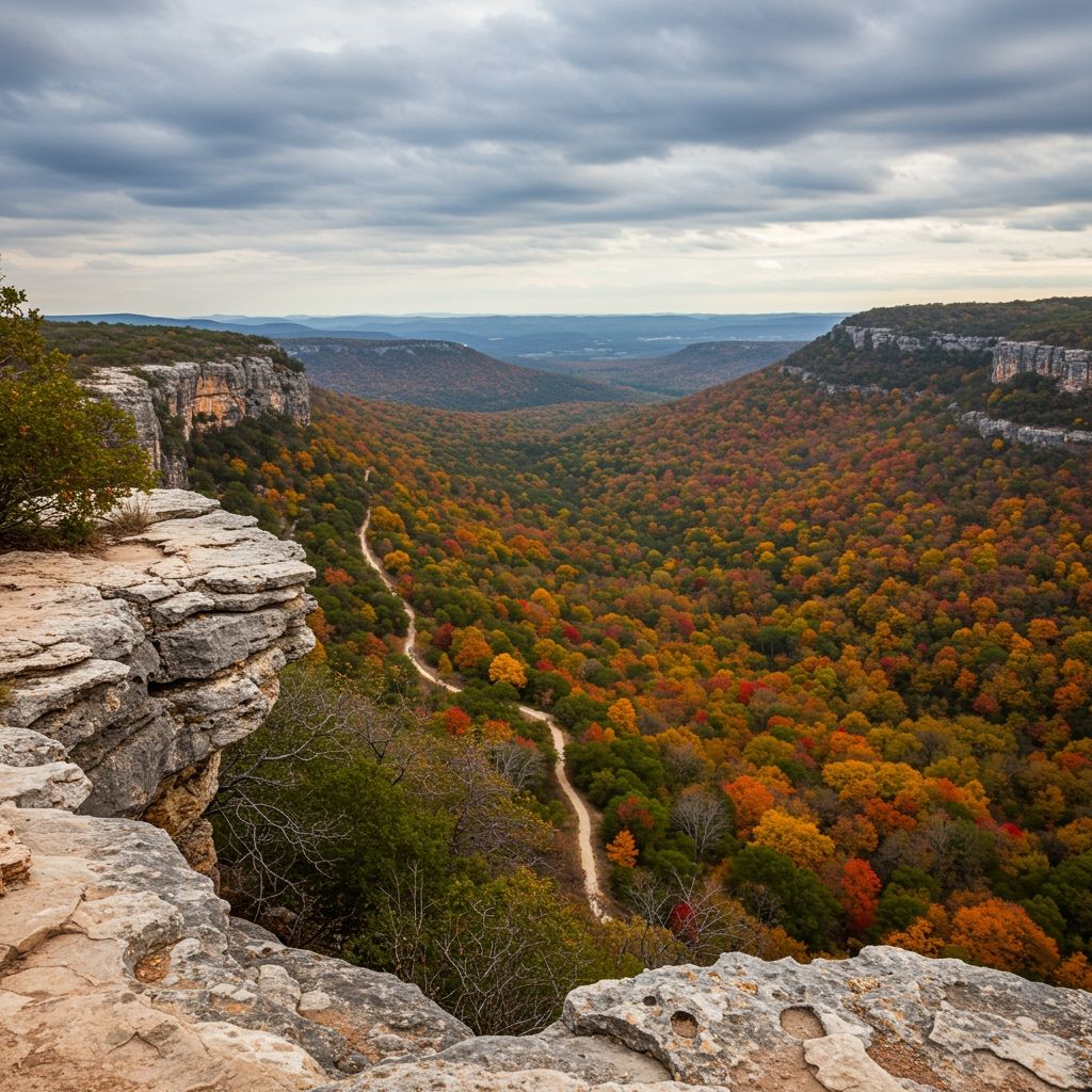 Scenic overlook from the East Trail at Lost Maples SNA, expansive view over Sabinal Valley plateau with canyon walls and patchwork fall color, weathered limestone ledge foreground, crisp sky, include hint of ‘Monkey Rock’ limestone formation along the route, rugged switchbacks visible, realistic trail texture.