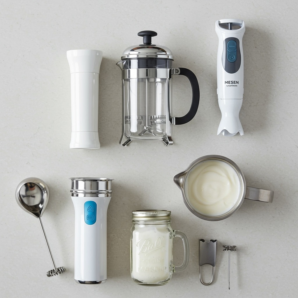 Flat lay arrangement of cold foam making tools on a clean kitchen counter including a handheld milk frother, French press, mason jar with lid, and immersion blender — organized, instructional style with good lighting and clear product details