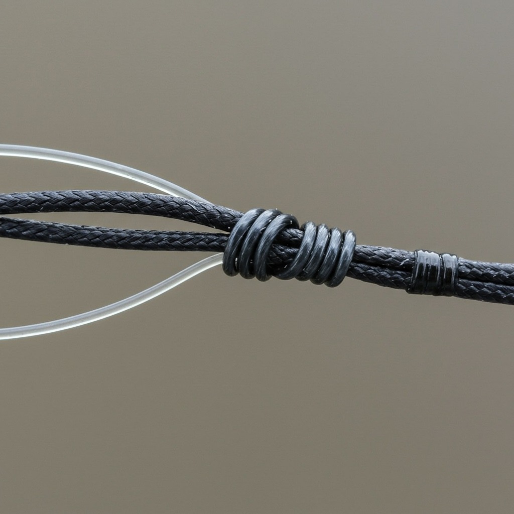 A detailed close-up photograph showing the completed FG knot connection between dark braided main line and clear fluorocarbon leader, highlighting the slim, neat profile of the connection with the wrapped sections clearly visible, shot against a neutral background for maximum clarity