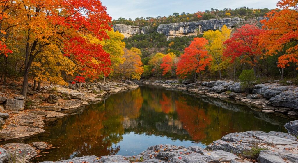 Photorealistic panoramic view of Lost Maples State Natural Area in peak autumn color, Bigtooth maple (Acer grandidentatum) canopy glowing in crimson, fiery orange, and gold against rugged limestone bluffs and evergreen juniper-oak hills, clear Sabinal River reflecting foliage, crisp Hill Country light, ultra-detailed leaves, natural color grading, Texas Hill Country terrain.