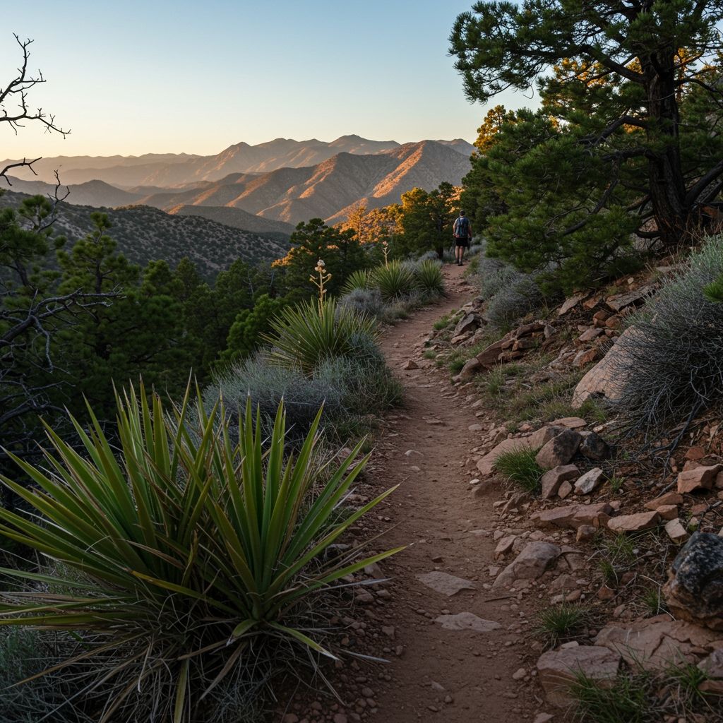 Documentary-style mid-trail scene on Lost Mine Trail, late morning light, close foreground agave and yucca with sharp leaf detail, pinyon pine and juniper edging the path, rocky singletrack curving to the right, layered panoramic backdrop toward Sierra del Carmen, natural tones, 35mm environmental shot, tack-sharp textures, subtle hikers in the distance for scale