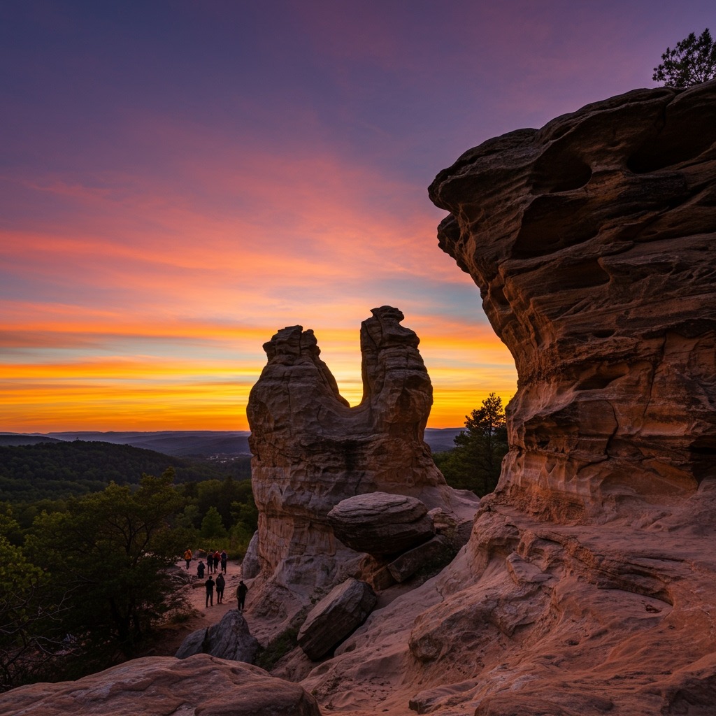 The iconic Camel Rock formation at Garden of the Gods silhouetted against a vibrant sunset sky, with hikers visible on the observation trail for scale, showcasing the dramatic 320-million-year-old sandstone structures of the Shawnee National Forest