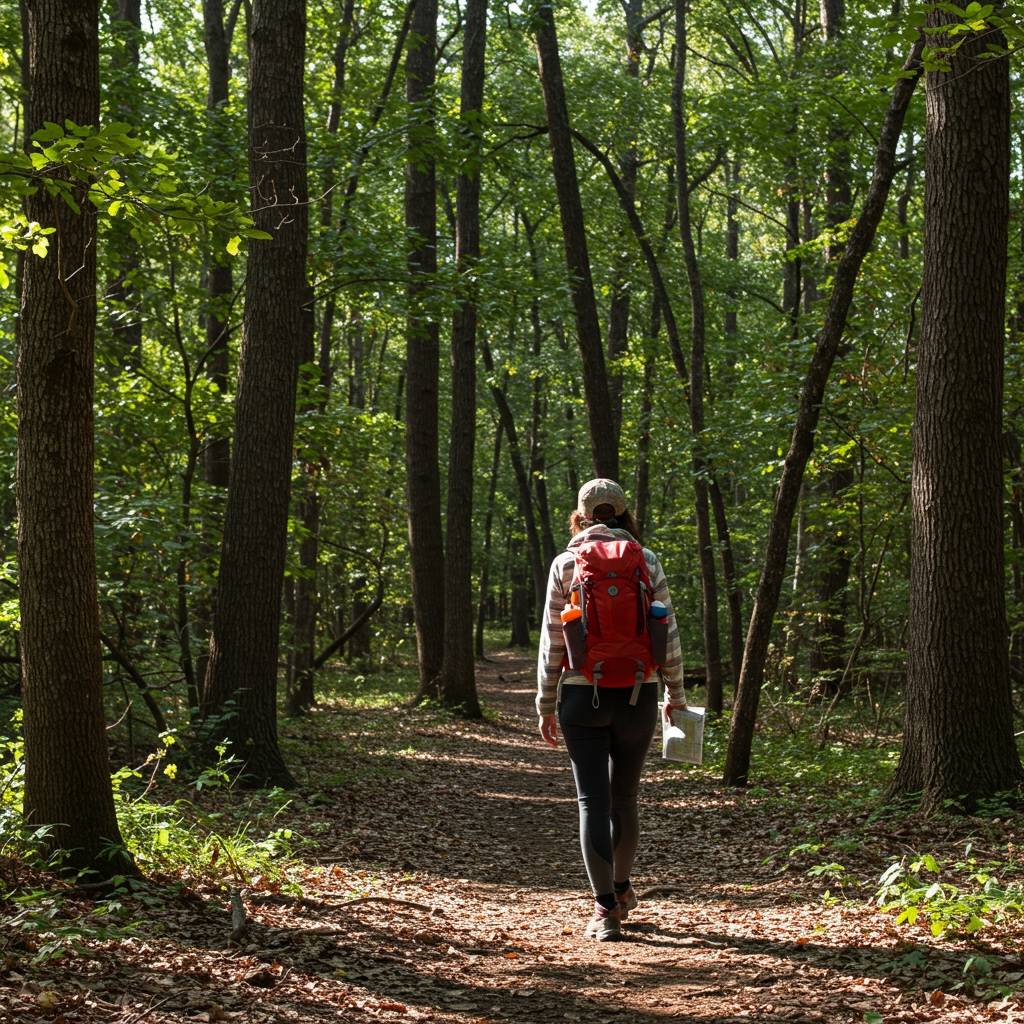 A well-prepared hiker with a backpack and hiking boots walking on a forest trail in Illinois, wearing layered clothing and carrying a map, surrounded by tall oak trees and dappled sunlight filtering through the canopy