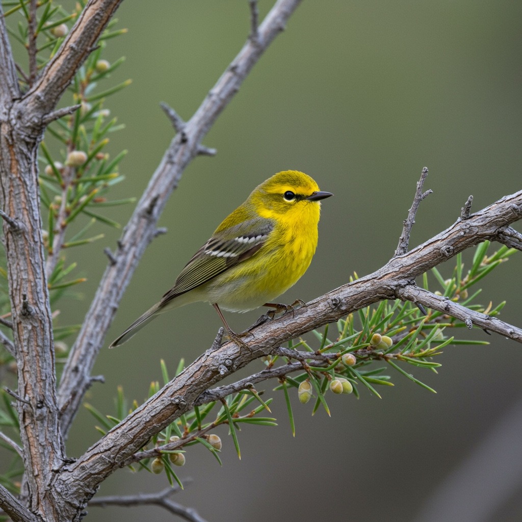 Photorealistic golden-cheeked warbler (Setophaga chrysoparia) perched in mixed Ashe juniper–oak woodland typical of Lost Maples SNA, bright yellow cheeks with black throat and back, fine juniper bark strips suggested in background, soft morning light, naturalistic composition in central Texas canyon habitat.