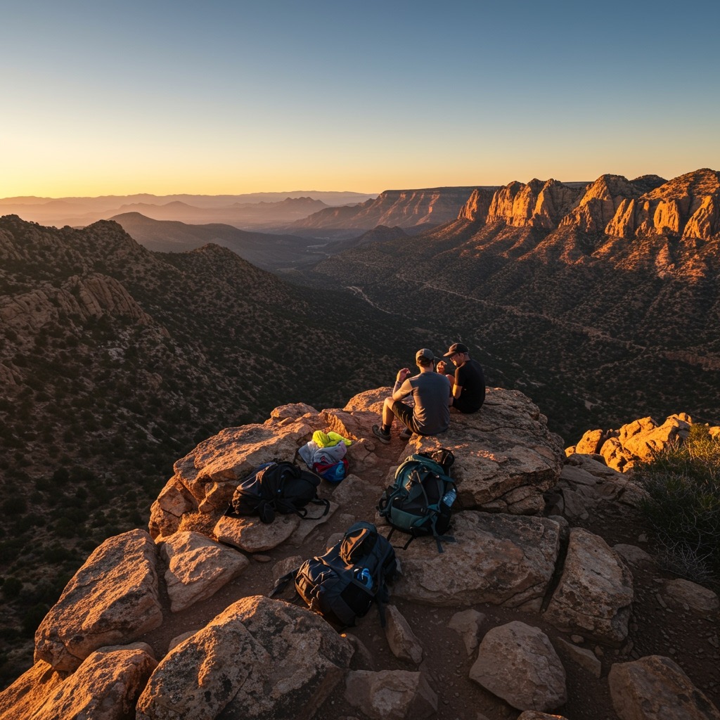 Cinematic golden-hour panorama from the final rocky viewpoint on Lost Mine Trail, nearly 360-degree vista over Juniper and Pine Canyons, warm rim light on granite slabs, soft shadows, minimal haze, two day-hikers sharing snacks and water, pack resting on rock, balanced composition with negative space for sky, professional landscape photography aesthetic