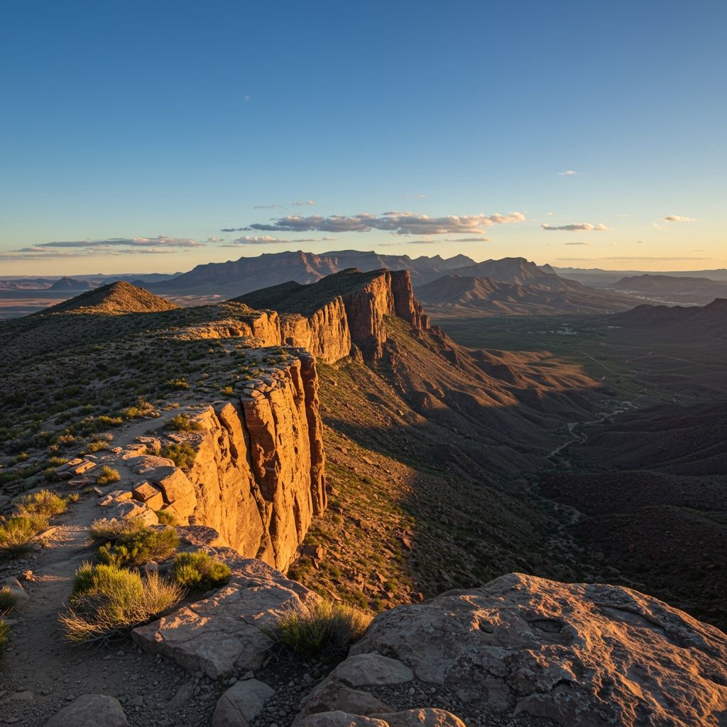 Wide-angle photograph of the South Rim Trail in Big Bend National Park, Texas — dramatic cliffs plunging into the Chihuahuan Desert, distant mountains stretching toward Mexico, under a vast blue sky, captured during golden hour.