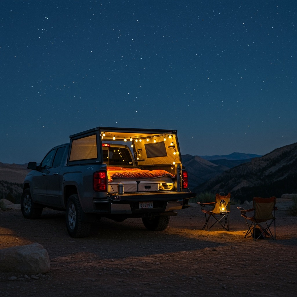 Photorealistic pickup truck parked at a scenic overlook at blue hour, cozy truck bed camping setup under a clear starry sky, soft string lights inside the bed, neatly arranged sleeping platform with foam mattress and warm quilt, two camp chairs by a small lantern on the tailgate, national park mountains in the background, shot on Sony A7R IV, 35mm lens, f/2.8, high dynamic range, natural color grading, volumetric moonlight, ultra-detailed, cinematic composition