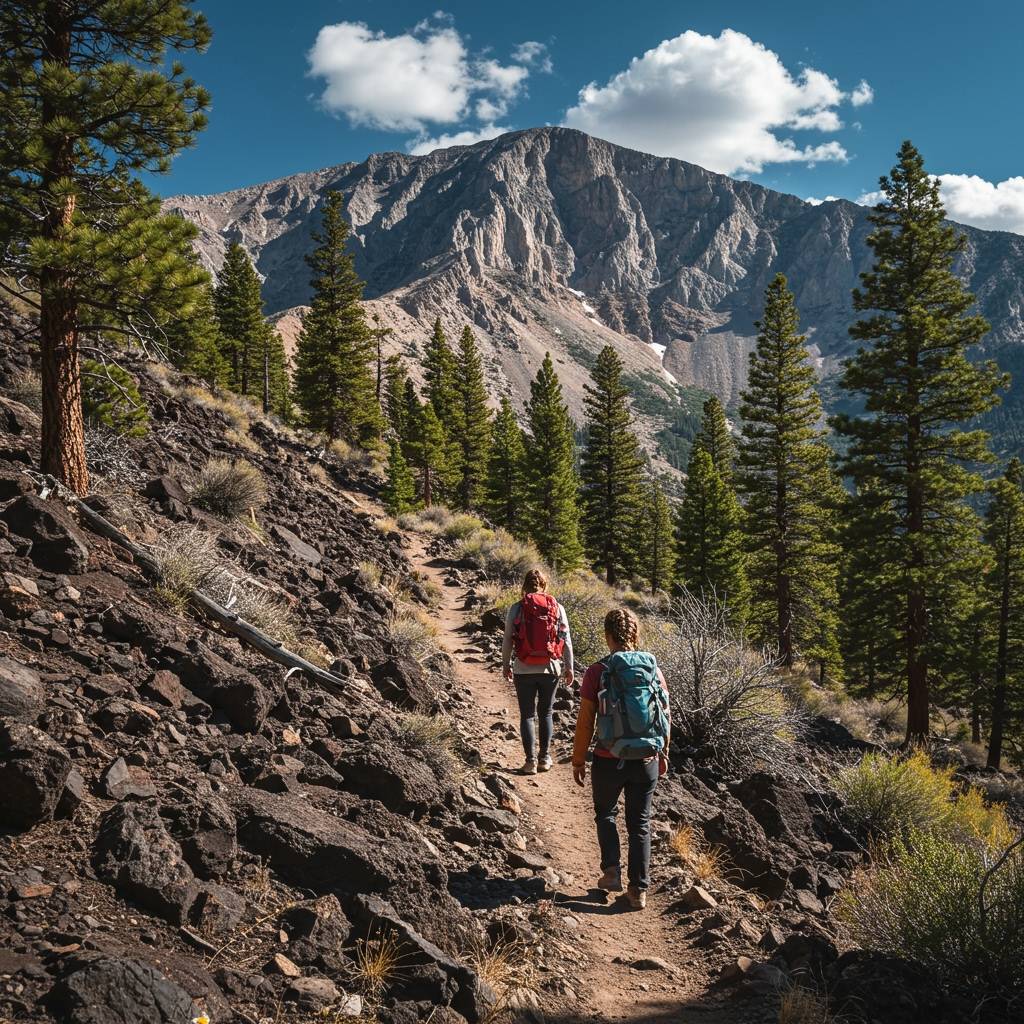 Two hikers with backpacks walking a rugged alpine trail in the Chisos Mountains, surrounded by pines and rocky volcanic terrain, with steep switchbacks climbing toward the rim.