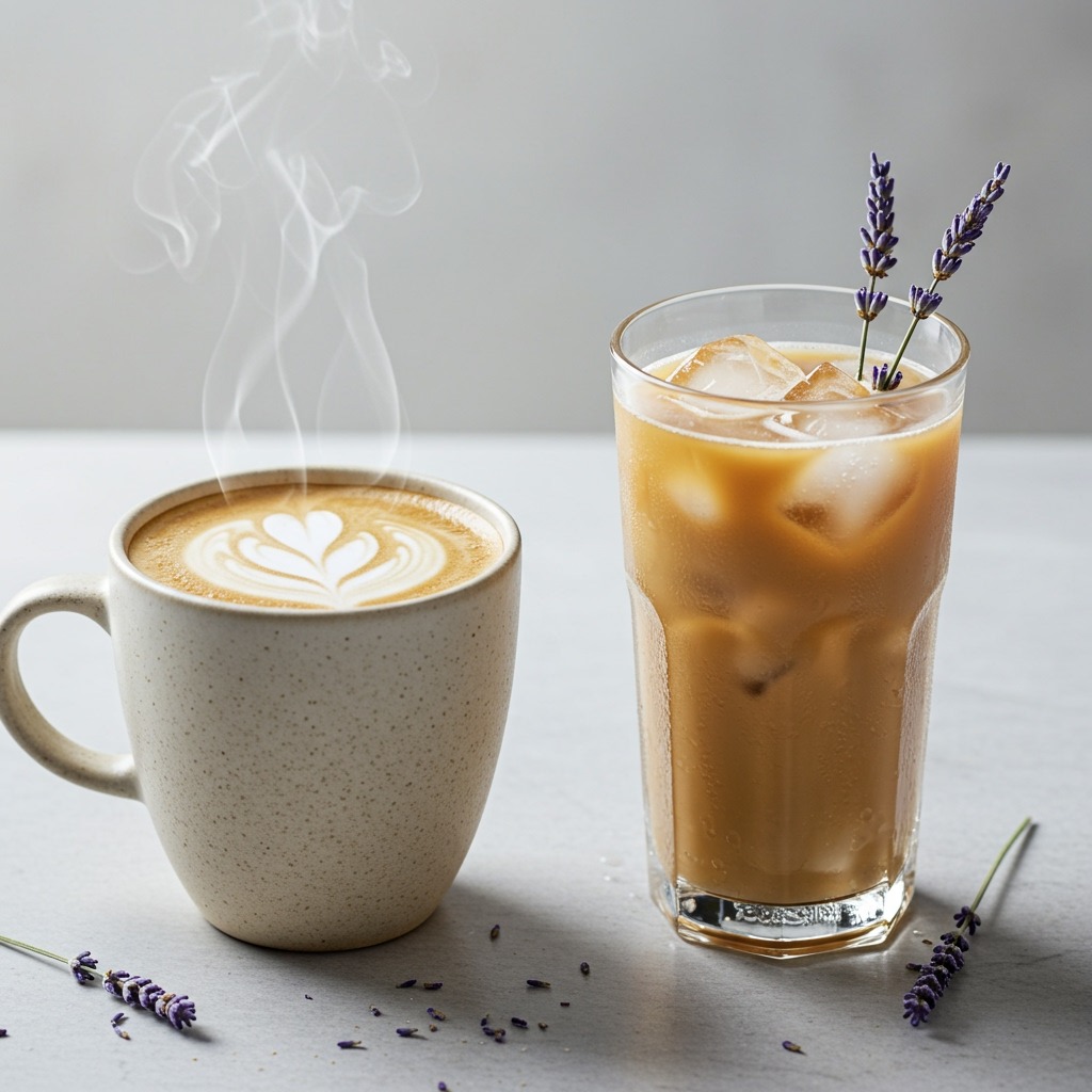 Two lattes side by side: a hot lavender oatmilk latte in a ceramic mug with rising steam, and an iced lavender oatmilk latte in a tall glass with ice cubes, both garnished with lavender sprigs.