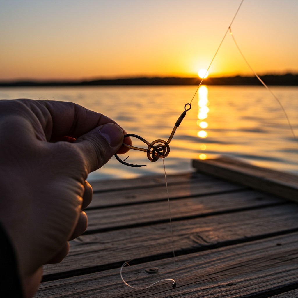 Close-up photo of an angler on a wooden dock holding a fishing line and hook, with the sun setting over the water in the background, evoking the importance of a strong and reliable fishing knot.