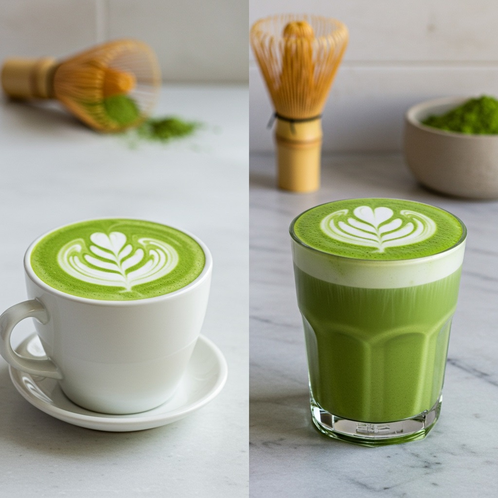 A side-by-side comparison of a cafe matcha latte and a homemade matcha latte on a clean kitchen counter, both showing vibrant green color and perfect foam, with matcha powder and a bamboo whisk visible in the background, natural morning lighting