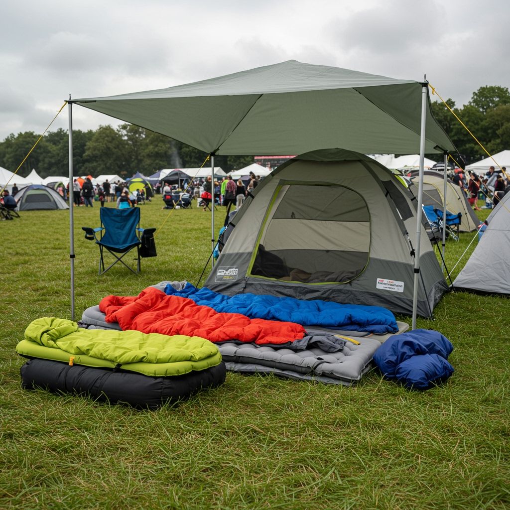 Well-organized festival campsite showing a quality tent with canopy, sleeping gear laid out including sleeping bags and air mattress, with festival grounds visible in background — bright daylight, clean campsite setup, outdoor music festival atmosphere