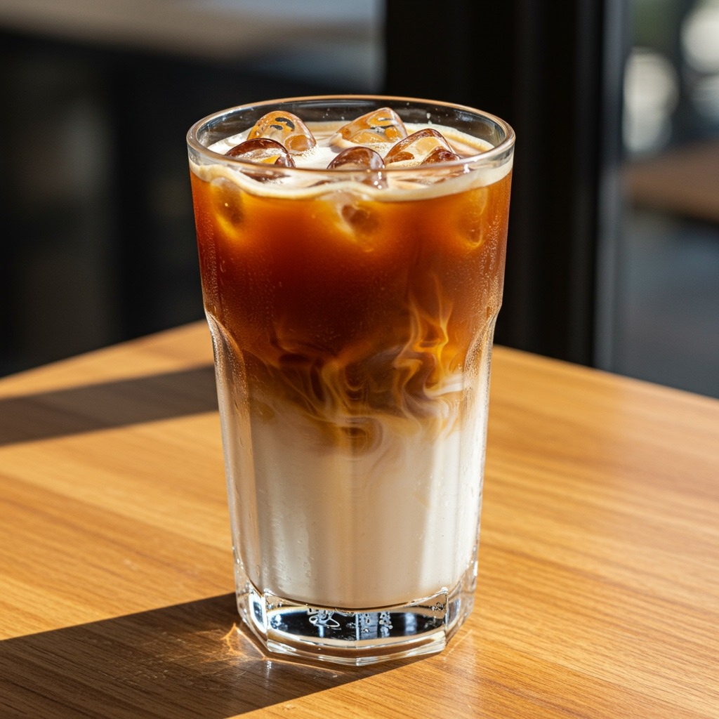 A tall glass of iced latte with layers of rich espresso and creamy milk swirling together, filled with ice cubes, placed on a wooden café table with sunlight streaming through a window, condensation on the glass for a refreshing vibe.