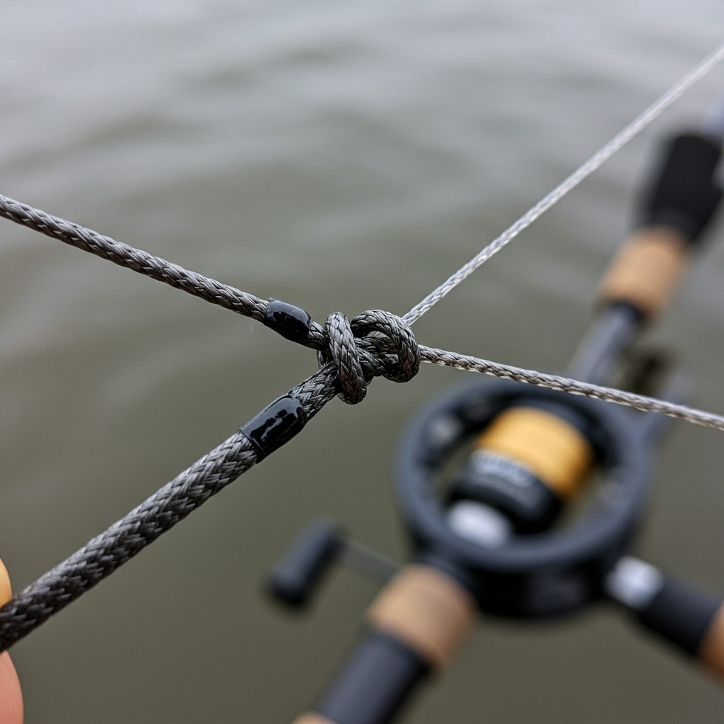Close-up of two fishing lines, one braided and one fluorocarbon, neatly joined together with an Alberto knot, emphasizing its slim and strong profile against a blurred background of fishing gear.