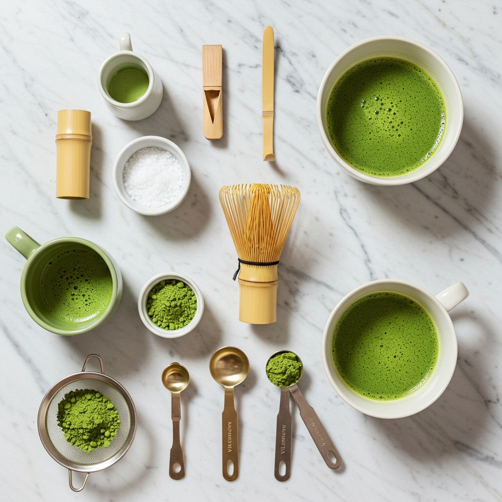 A flat lay arrangement of matcha latte making tools including a bamboo whisk (chasen), matcha bowl (chawan), fine mesh sieve, measuring spoons, and ceremonial grade matcha powder, artfully arranged on white marble with soft natural lighting