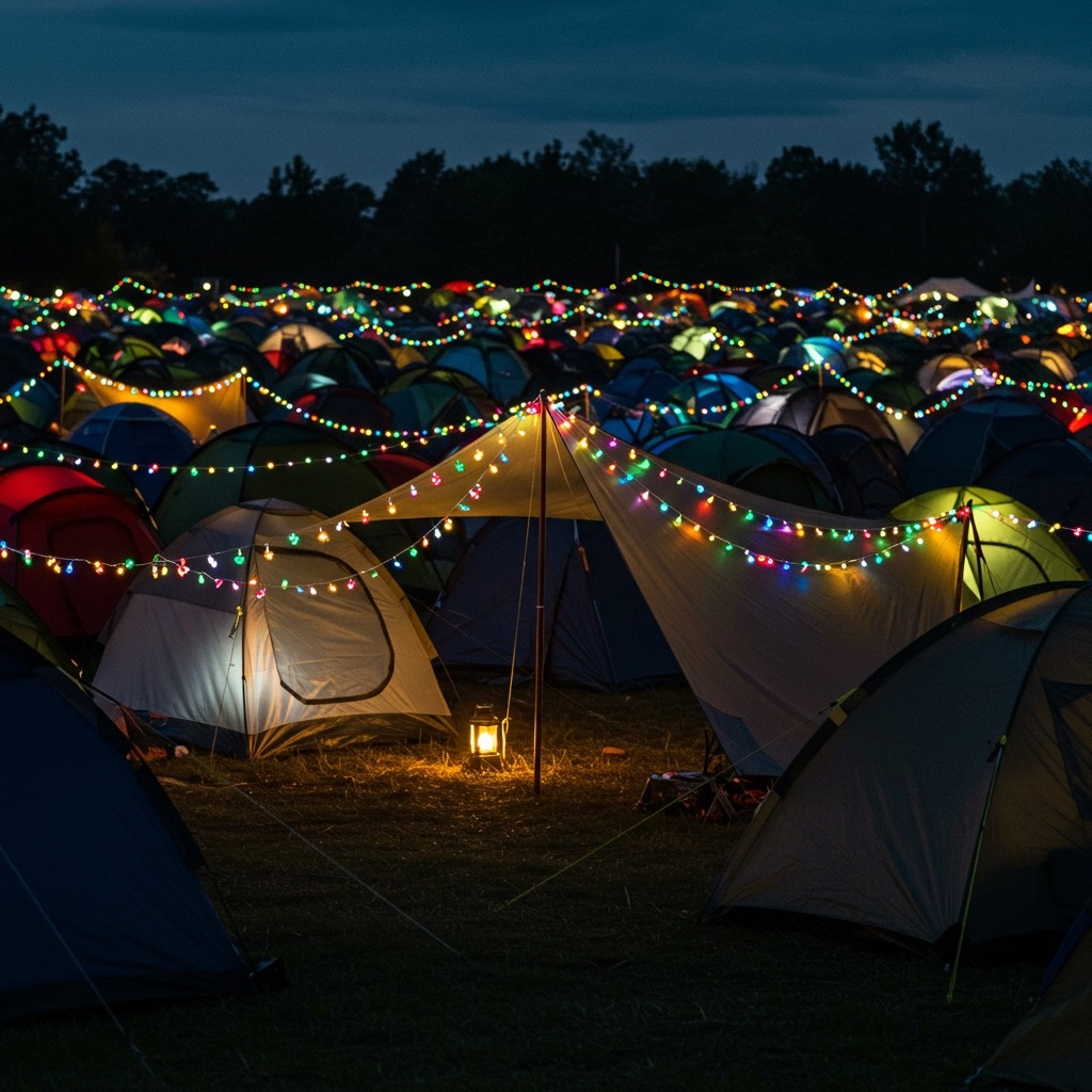 Festival campsite at dusk with colorful LED fairy lights strung around tent and canopy, headlamp and lantern providing ambient lighting, hundreds of other illuminated tents in background — magical evening festival atmosphere, warm lighting