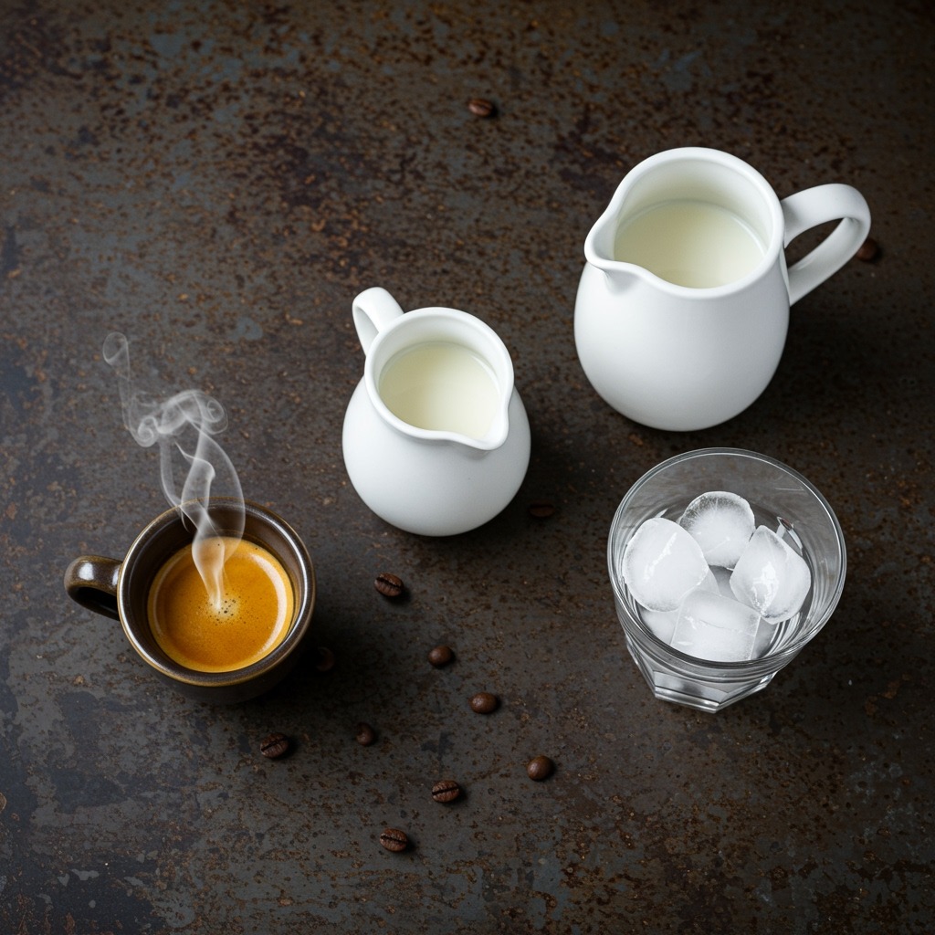 A flat lay composition showing the three essential ingredients of an iced latte: a steaming shot of espresso in a small cup, a jug of cold milk, and a glass filled with ice cubes, all neatly arranged on a rustic kitchen counter.